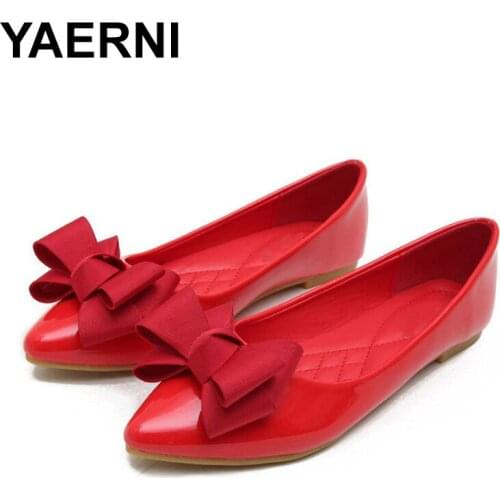 YAERNI 2019 Pointed Toe Shoes Woman Ballet Flats Spring Summer Fashion Soft Sole Bow Flat Ladies Shoes Big Sizes 34-43