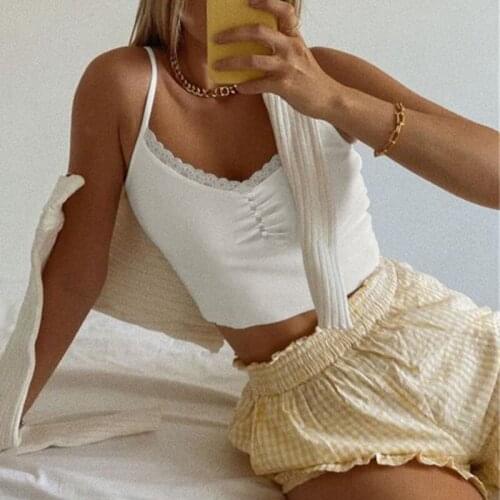 Women Summer Girls Lace Rib Knitted Wrinkle Sweater Vest Vertical Grain White Solid Color Crop Tops Camis Bottoming Shirt Club