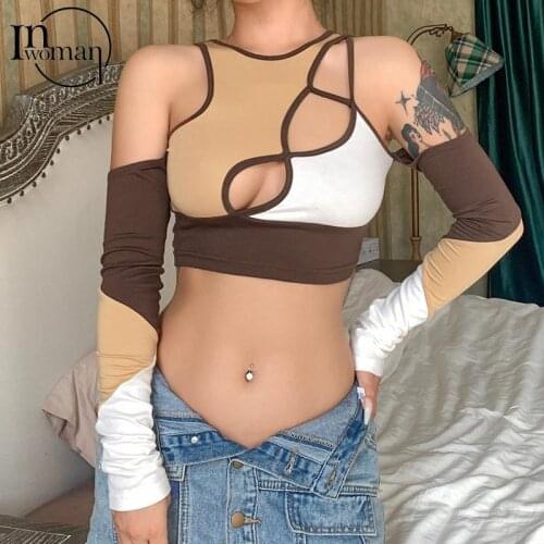 INWOMEN Summer Sexy Patchwork Crop Top Women 2021 O Neck Long Sleeve Bodycon Tops Female Hollow Out Clubwear Fashion T Shirt