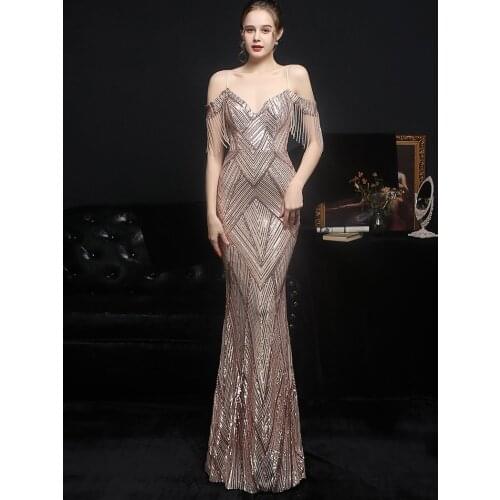 YIDINGZS Women Gold Sequin Party Dress Strap Maxi Dress Sexy V Neck Beading Evening Dress
