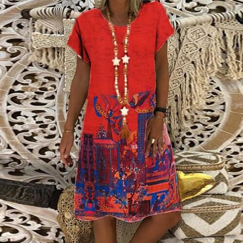 Bohemian Vintage Dress Women City Palace Printing Summer Dress Loose Short Sleeve Casual Dresses For Women Vestido Verano Mujer