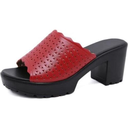 2021 New Summer Fish Mouth Sandals Cowhide Hole Hole Shoe Breathable Sandals Thick Heels Slippers Women Sandals Shoes Size 34-43