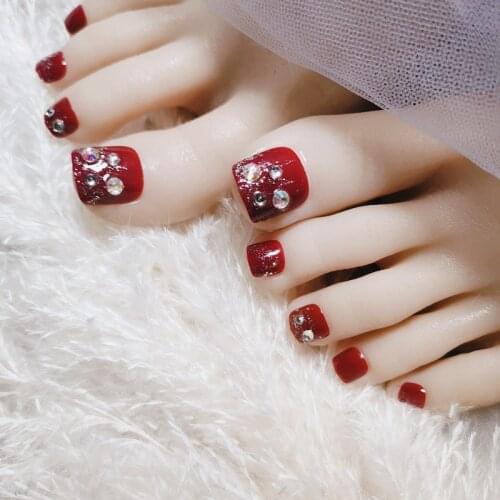 24pcs Rhinestones Inlaid Toenail Patch Red Wine Glue Type Removable Short Paragraph Manicure False Toenail Patch NE