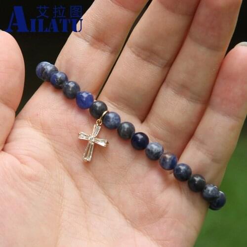 Ailatu New Summer 6mm Natural Blue Veins Stone Clear Zircons Loyal Cross Cz Beads Bracelet