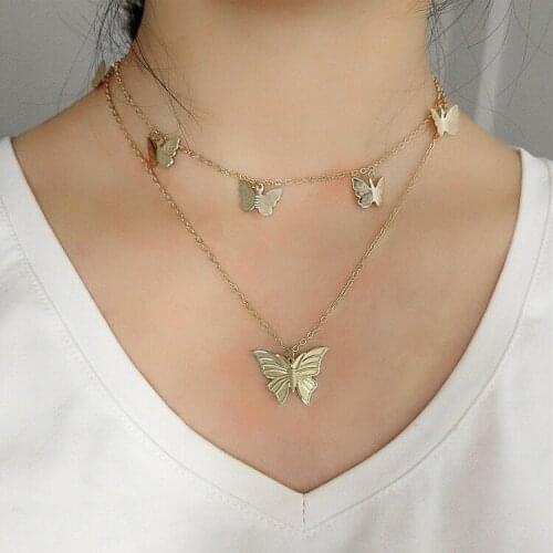 Fashion New Double Chain Butterfly Pendants Necklaces for Women Gold Silver Color Layered Necklace Female Clavicle Chain Short