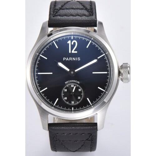 Parnis 46mm Black Dial Mechanical Hand Wind Watch Men Luminous Waterproof Leather Strap Wristwatch Men