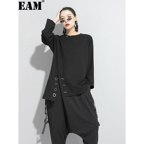[EAM] Women Black Asymmetrical Stitch Big Size T-shirt New Round Neck Long Sleeve Fashion Tide Spring Autumn 2021 1S190