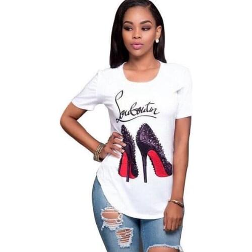 White T Shirt Women Tops Fashion High Heel Shoes Letter Print Tshirt Women Shirts Summer Short Sleeve Tee Shirt Femme NS4180