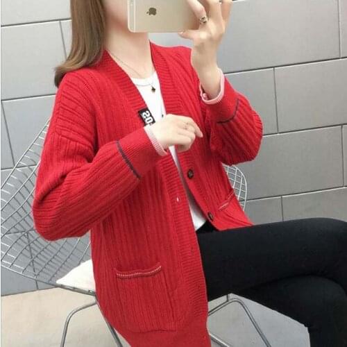 2020 Solid Color Red Pink Yellow Oversize Cardigan Women Knitted Jacket Autumn Loose Long Sleeve Sweater Cardigan Female NS4598