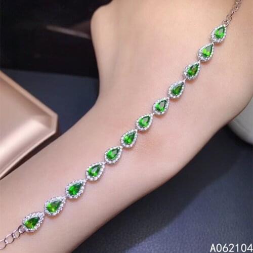 KJJEAXCMY fine jewelry 925 sterling silver inlaid natural diopside Womens elegant luxury water drop gem bracelet support detect