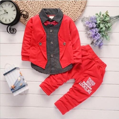 Boys Spring Two Fake Clothing Sets Kids Boys Button Letter Bow Suit Sets Children Jacket+Pants 2 Pcs Clothing Set Baby 1-4 Years