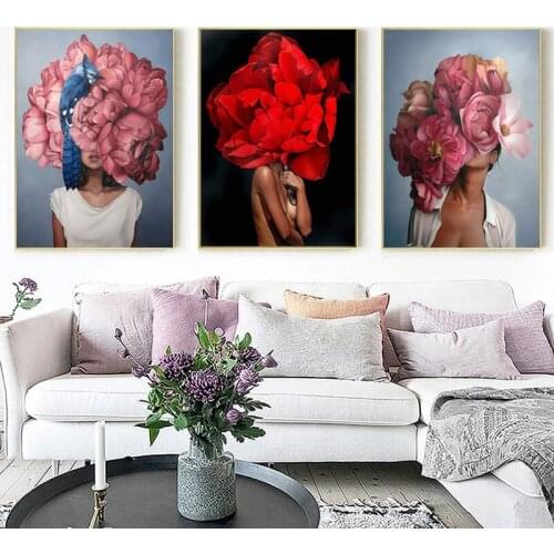 Red Flowers Beauty Posters And Prints Modern Style Girl Canvas Painting Print Wall Art Picture Living Room Home Decoration Mural