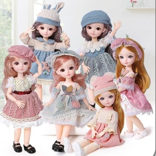 12 Inch 23 Movable Joints BJD Doll 31cm 1/6 Makeup Dress Up Cute Brown Blue Eyeball Dolls with Fashion Dress for Girls Toy