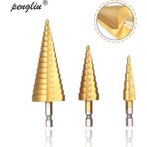 Metric Spiral Flute Metal Drill Bit 4-12/4-20/4-32mm HSS Steel Cone Titanium Coated Cut Tool Set Hole Cutter Metric Pagoda Shape