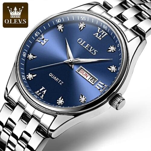 OLEVS New Fashion Business Mens Watch 30M Deep Waterproof Luminous Dual Calendar Quartz Thin Dial Stainless Steel Strap 5570
