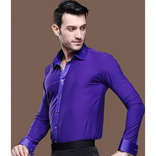 2018 New Men Latin Dance Shirts Long Sleeve Competition Performance Printing Wear Purple Turn Off Collar Standing Collar