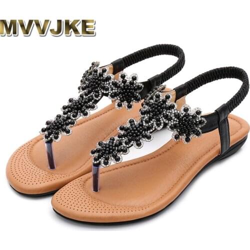 MVVJKE Women Sandals Rhinestone Beaded National Wind Flat Shoes Pinch Herringbone Fashion Women Shoes Platform Sandals Flat