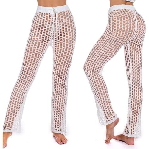 Sexy Long Solid Hollow Out Cover Up Beach Women Pants Breathable Loose Wide Leg Fashion Summer Crochet Knitted Holiday