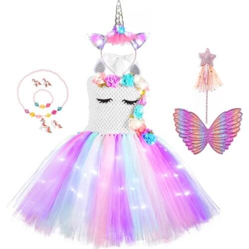 Girls Christmas Unicorn Glow Dress With Hairband Kids Birthday Party with LED Mesh Flower Tutu Dresses Princess Cosplay Costumes