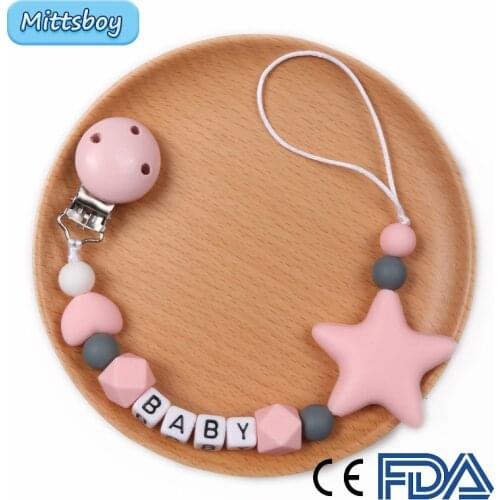 DIY Personalized Name Handmade Pacifier Clips Holder Chain Silicone Pacifier Chains Five Star Shaped Teether Teething Chain Gift