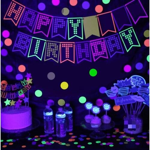 Luminous Neon Happy Birthday Banner Paper Pennant Garland for Birthday Glow In The Dark Party Decoration UV Reactive Glow Supply