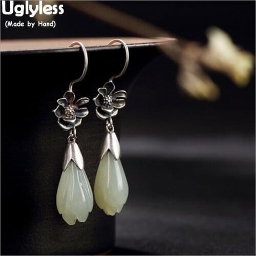Uglyless 100% Real 925 Sterling Silver Lotus Flower Earrings Handmade Nature White Jade Magnolia Fine Jewelry Thai Silver Bijoux