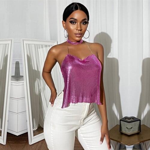Sexy Halter Sequin Patchwork Camisole Tops Women Shinny Backless Lace Up Tanks Top 2021 Summer Club Cocktail Party Vest