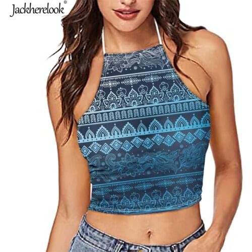 Jackherelook Spaghetti Strap Womens Crop Tops Blue Boho Chic Bohemian Print Sexy Sleeveless Clothes Female Backless Tank Top