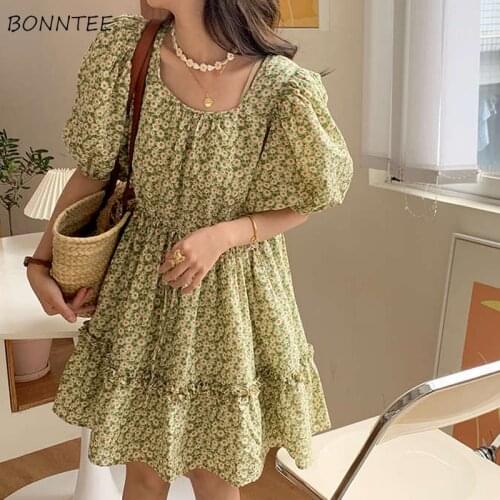 Dresses Women Vintage Elegant Korean Style Puff Sleeve Print High Waist Soft Sweet Girls Holiday Birthday Party Female Vestidos