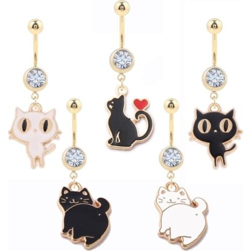 1PC Cat Navel Piercing for Women Crystal Animal Belly Ring Dangle Belly Bar Stainless Steel Belly Button Ring Piercing Jewelry