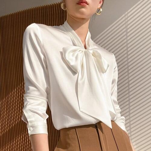 100% Silk Shirt Blouse Women Fashion bow tie white long-sleeved shirt high-end Spring Summer Silk Shirt Blouse