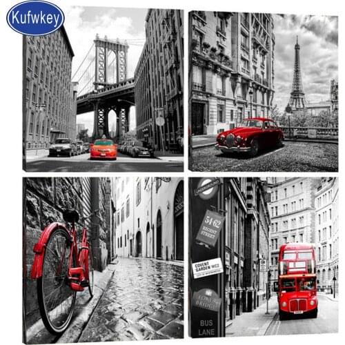 4 Piece Diamond Mosaic Cross stitch kit Modern Old City diamond painting full square rhinestone art diamond embroidery red bus