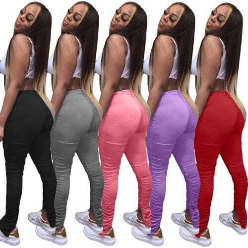 Split Ruched Stacked Sweatpants Women Leggings Pleated Bodycon Pants with Pockets Workout Trousers Plus Size black pink gray red
