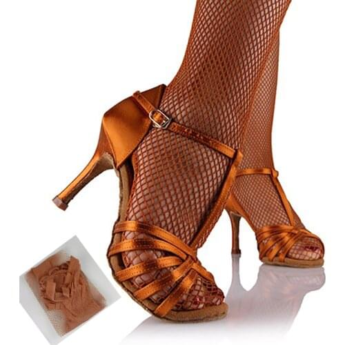 Dancer Fishnet Stockings for Ladies Ballroom Womans Latin Stage Competition Slip-on Shoes Heels Supplies Coupons for Discounts