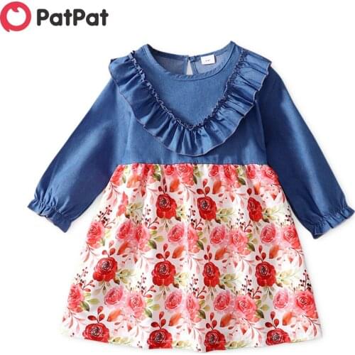 PatPat Toddler Girl Flounce Ruffle-sleeve Denim Floral Print Splice Dress