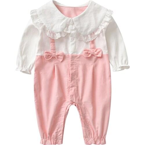 Autumn Baby Rompers Peter Pan Collar Toddler Lace Girls Jumpsuits Toddler Outfit Girls Clothes with Bows 0-2Y