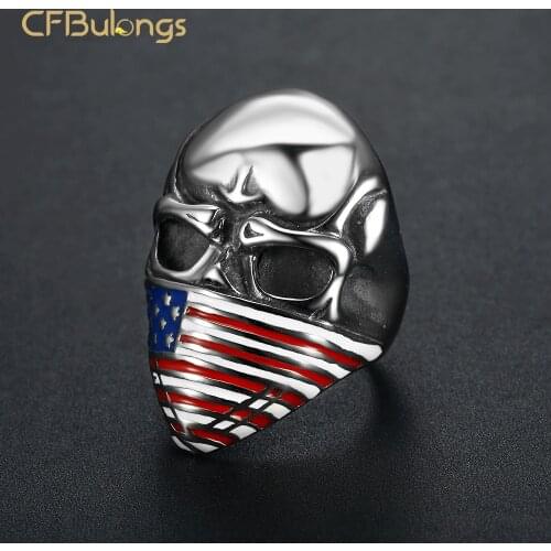 CFBulongs Gothic American Flag Mens Ring 316L Stainless Steel Punk Jewelry Halloween Pumpkin Festival Gift