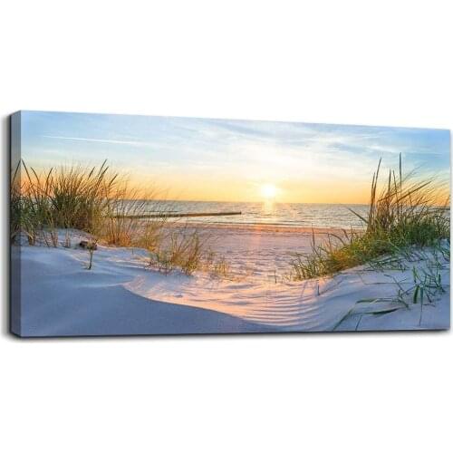 Wall Art for living room Print Artwork Decor Canvas Poster Blue sun beach grass ocean Landscape painting bedroom bathroom Decor