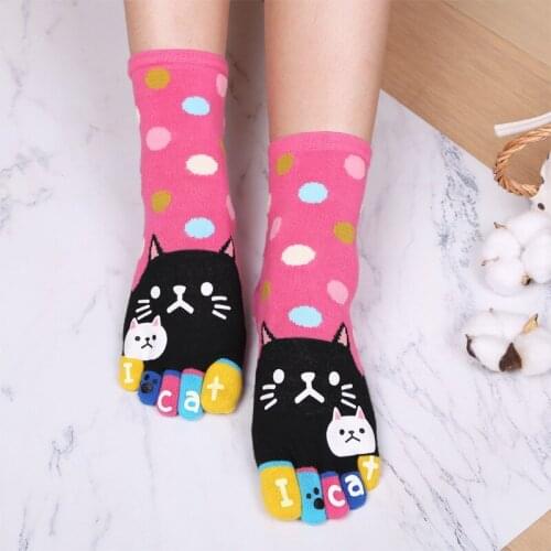 Cotton Cute Cat Printing Rubber Female Toe Socks Leisure Individual Fashion Girls Sweat Anti-friction Long Tube Socks MKG512