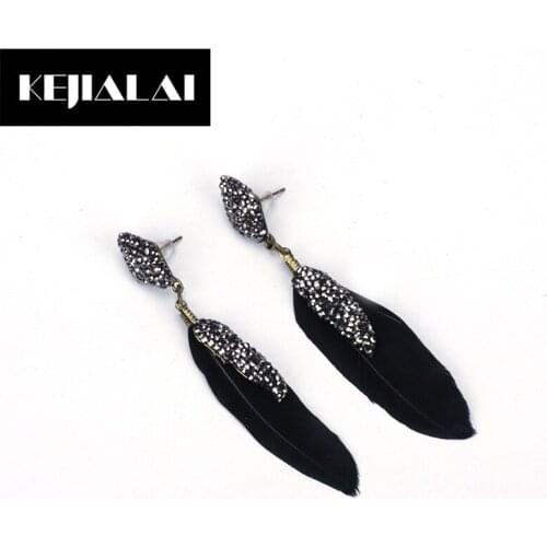 KEJIALAI New Arrival Bohemian Ethnic Jewelry Alloy Leaf Black Feather Long Drop Earring for Women Pave Rhinestone Boho Accessory