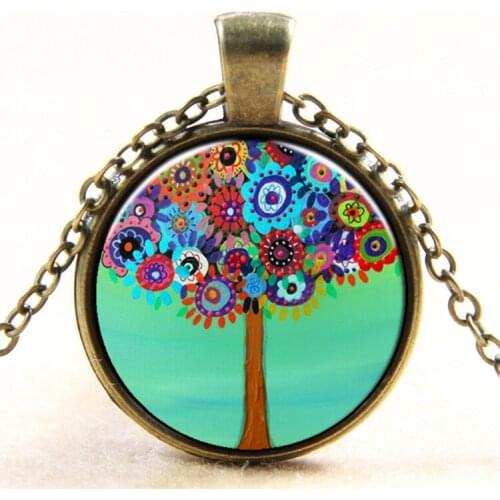 2017 Christmas Gifts Glass Cabochon silver color Family Life Art Tree Necklace Pendant Chain Necklace Fashion For Women Men