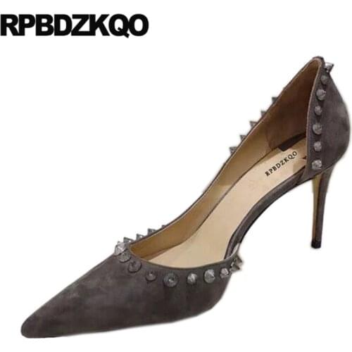 Stud Extreme Gray Stiletto Women Discount Shoes Nude Pointed Toe Heels Elegant Rivet Ultra High Scarpin Pumps Super Black 8cm
