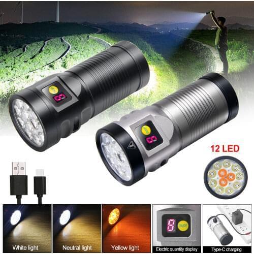 Super Bright 12LED Flashlight Waterproof Light 8 Gears Long Shot White Light Yellow Light Camping Outdoor Protable Flashlight