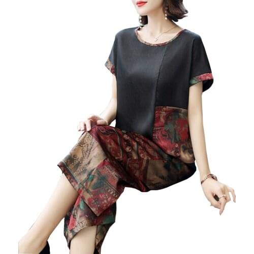 Summer Loose Tops Wide Leg pants Two Piece Womens Clothes Silk Fashion Set O-Neck Short Sleeve Loose Woman Casual Set FC1196