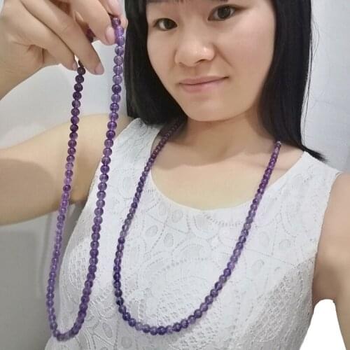 KBJW High Grade Nature Stone Beaded Necklace Light Purple Handmade Stretchable Necklace Chokers Sweater Chain Unisex