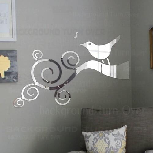 Mirror Wall Stickers Room Decoration House Bathroom Decor Sticker Bedroom Accessories Bird Singing Swirly Twig Branch R061