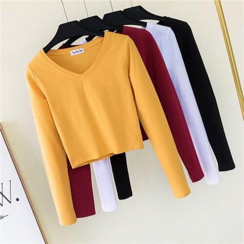 Autumn Large Sizes Cotton Womens Clothing V-Neck Long Sleeve Slim Base Short T-shirts Women Fashion Casual Street Ropa Mujer