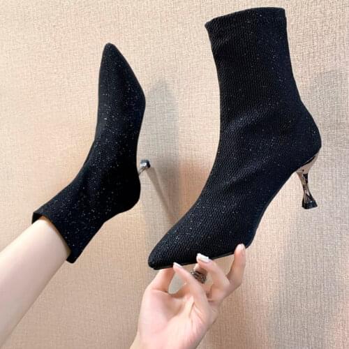Women Ankle Sock Boots Autumn Warm Sexy Fashion Boots Ladies Pointed Elastic Knitted High Heels 2021 Female Slip-On Shoes New
