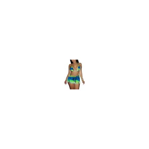 Women Two-piece Swimming Clothes Set, Tie-dyed Printed Pattern Halter Neck Tops and Skirt, Green/ Dark Blue