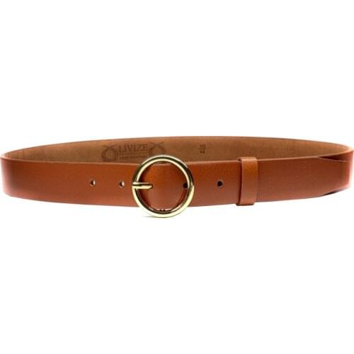 Genuine Leather Round Buckle Womens Belt 3cm Tan